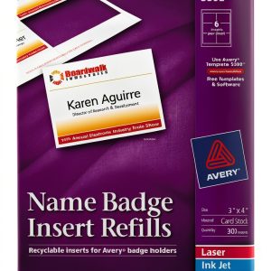Avery Printable Laser/Inkjet Name Badge Insert Refills, 3" x 4", White, 300 Inserts Per Box (5392)-0