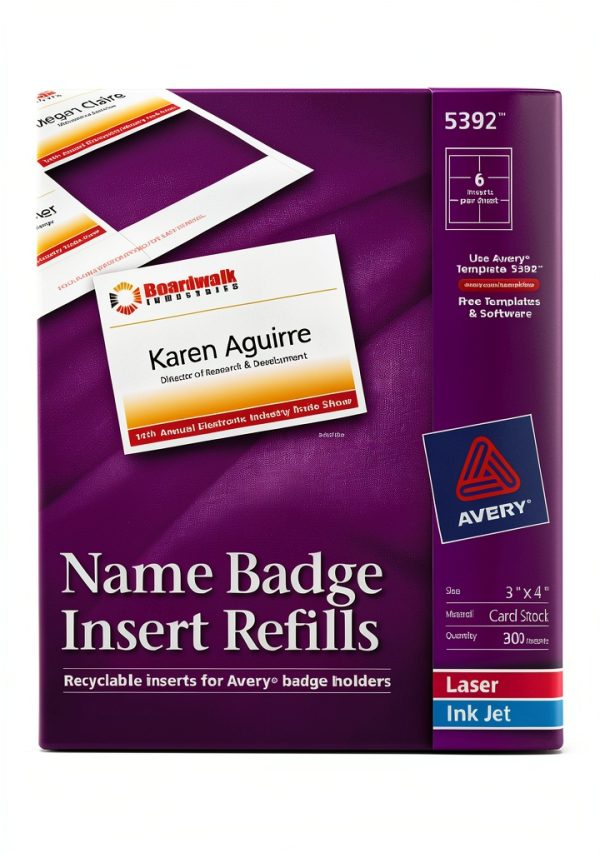 Avery Printable Laser/Inkjet Name Badge Insert Refills, 3" x 4", White, 300 Inserts Per Box (5392)-0