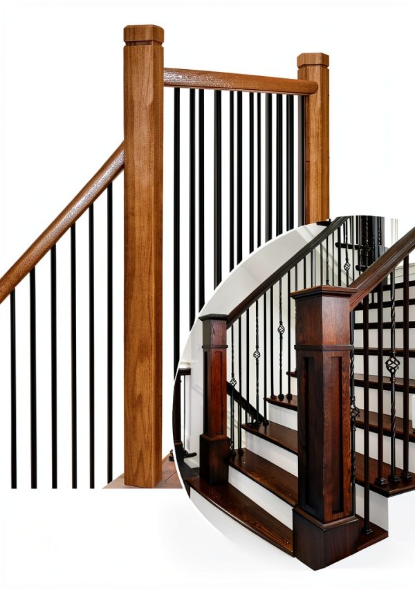16 Sets Wrought Iron Balusters Straight Hollow Iron Baluster Shoes Bulk Stair Flat Shoe for 1/2 Square Staircase and 2 Pcs Red Oak Stair Newel Post, Satin Black-3