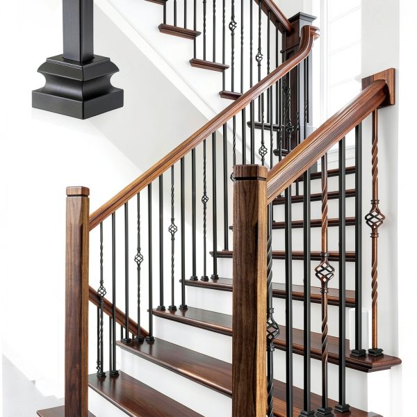 16 Sets Wrought Iron Balusters Straight Hollow Iron Baluster Shoes Bulk Stair Flat Shoe for 1/2 Square Staircase and 2 Pcs Red Oak Stair Newel Post, Satin Black-4
