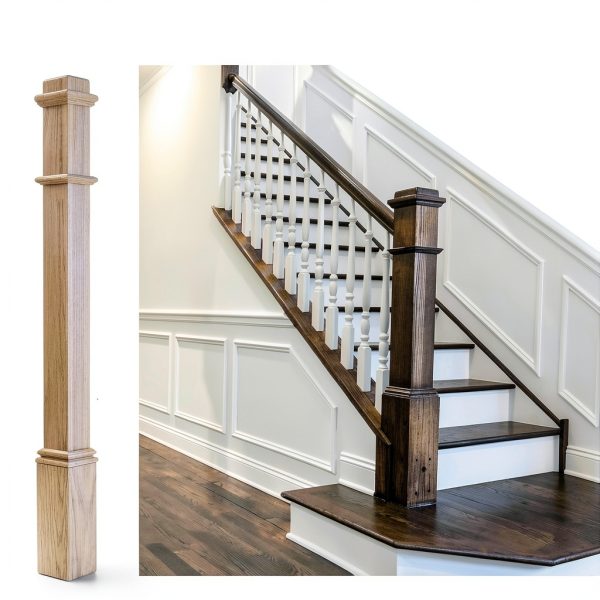 56 Inch Large Red Oak Wood Box Newel Post with 3 1/2" Post and 4 1/2" Sleeve Solid Wood Contemporary Style Stair Newel with Pedestal for Stair Remodeling-4