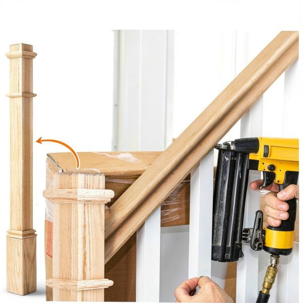 56 Inch Large Red Oak Wood Box Newel Post with 3 1/2" Post and 4 1/2" Sleeve Solid Wood Contemporary Style Stair Newel with Pedestal for Stair Remodeling-5